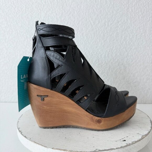 NEW Lane Boots BECCA Womens Black Wedges 6 Western Sandals Cowgirl Wooden Heels - Picture 3 of 9